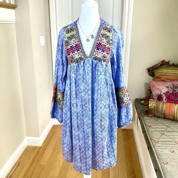 Anthropologie Dress Beaded Embroidered Blue Stripes Bhanuni by Joti (S)